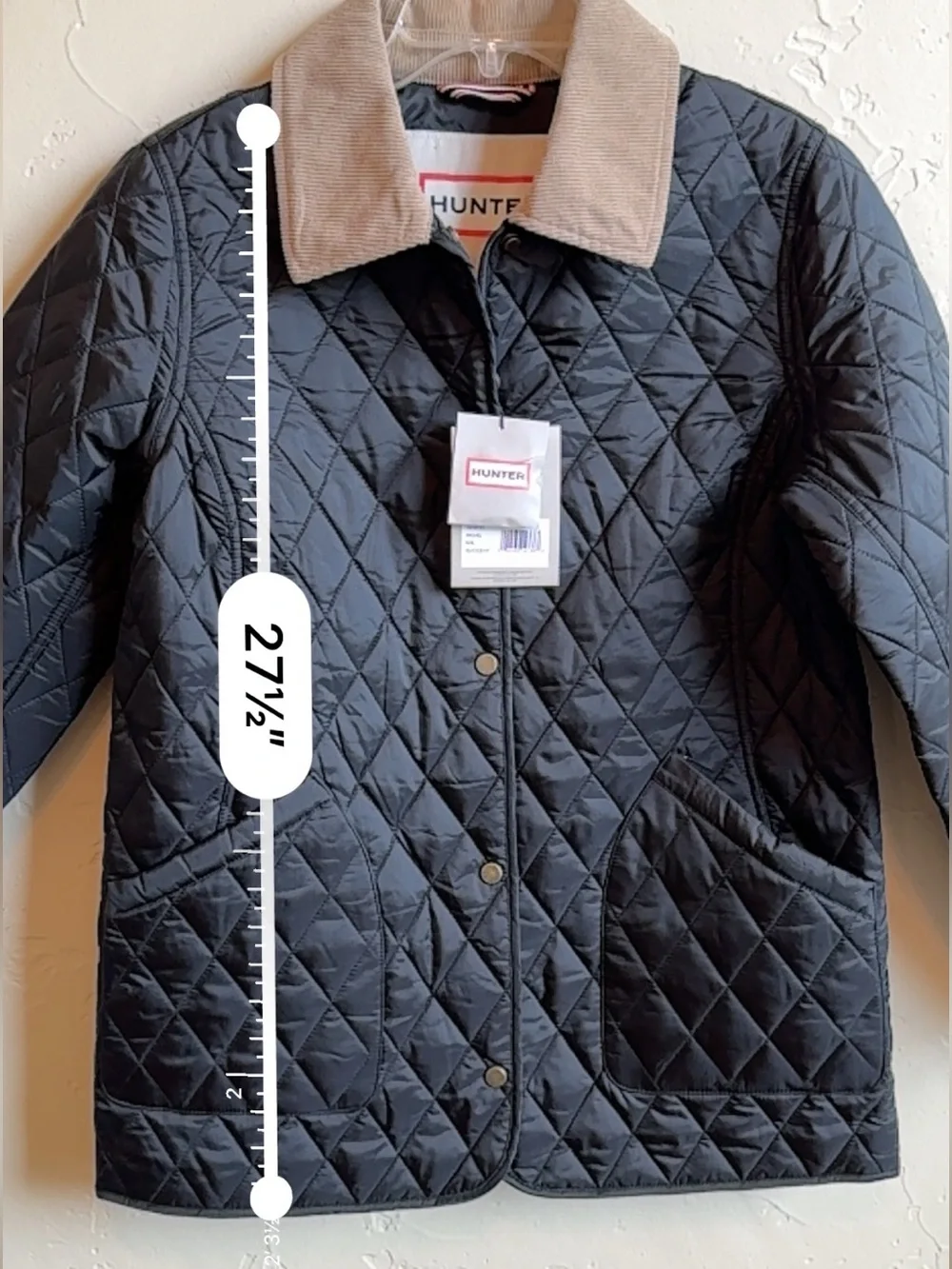 Hunter Rachel Quilted Black Puffer Jacket with Tan Corduroy Collar